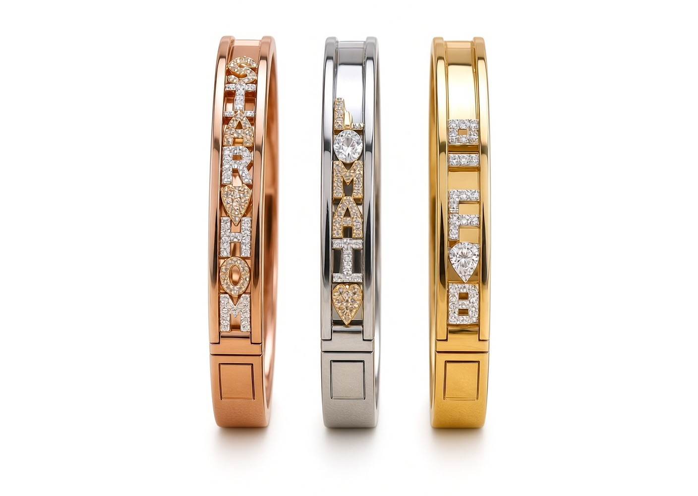 Drei personalisierte Armreife in Roségold, Silber und Gold mit funkelnden Buchstaben-Charms